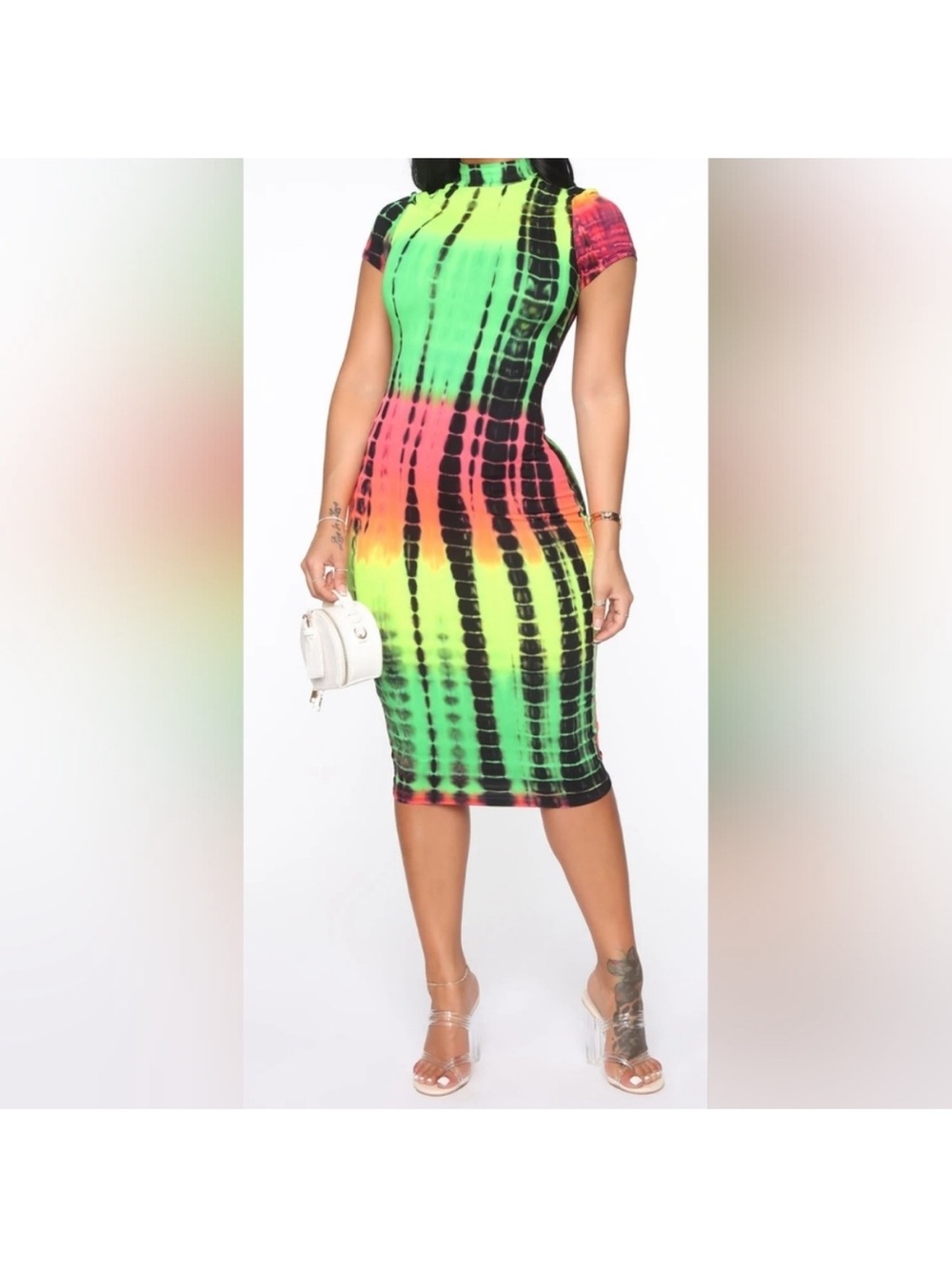 NWOT Fashion Nova Neon Tie-Dye Bodycon Midi Dress - Green, Pink & Yellow